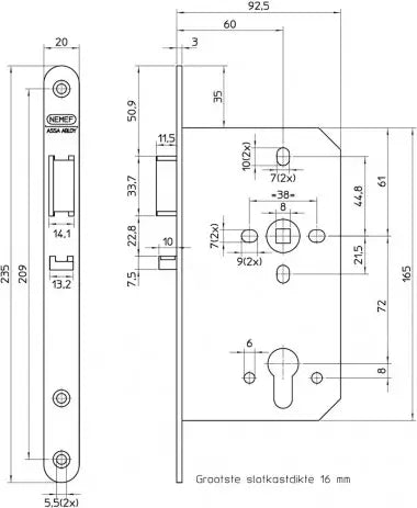 MM Centraalslot RVS 235U20 pc72 60mm DIN RS